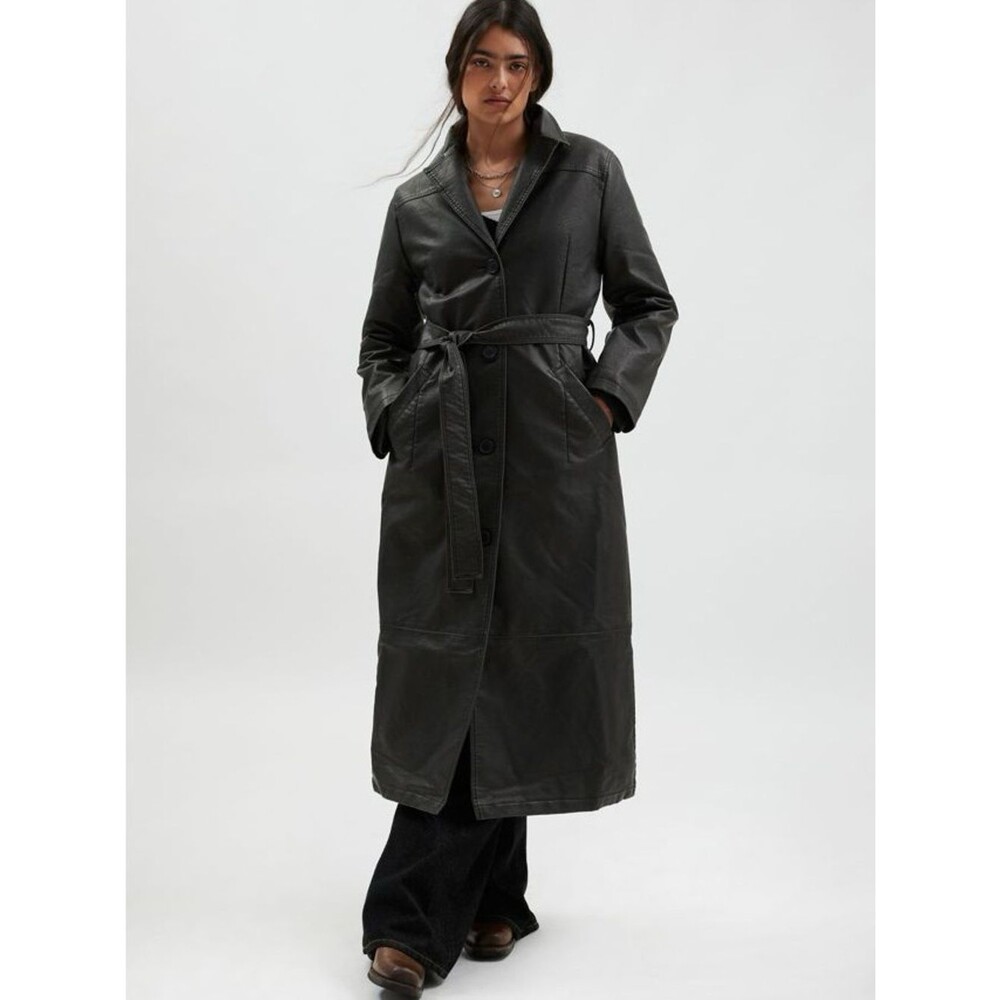 Urban Outfitters Black Long Faux Leather Trench Coat Black Medium